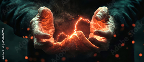 An old man with gothic hands conjures lightning between his fingers against a dark background in a hyperrealistic fantasy art style photo