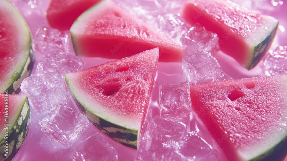 Fresh Watermelon Slices on Ice with Pink Background Fresh Watermelon Slices on Ice with Pink Background