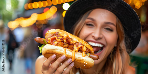 An attractive young woman with glasses, smiling cheerfully, holds a tasty giant hot dog in her hand. Open mouth ready to eat and black hat. Outdoor street food festival. photo