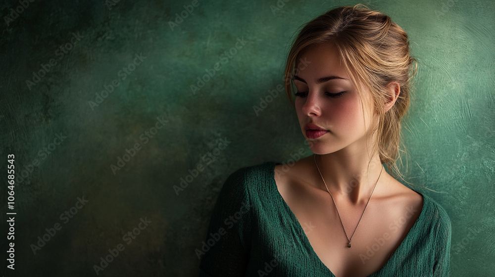 A young woman wearing a green top poses thoughtfully against a textured green wall A young woman wearing a green top poses thoughtfully against a textured green wall