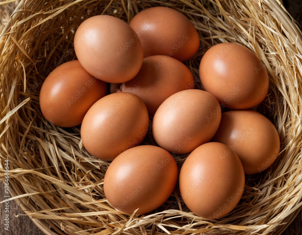 Pile of raw brown chicken eggs in straw Pile of raw brown chicken eggs in straw