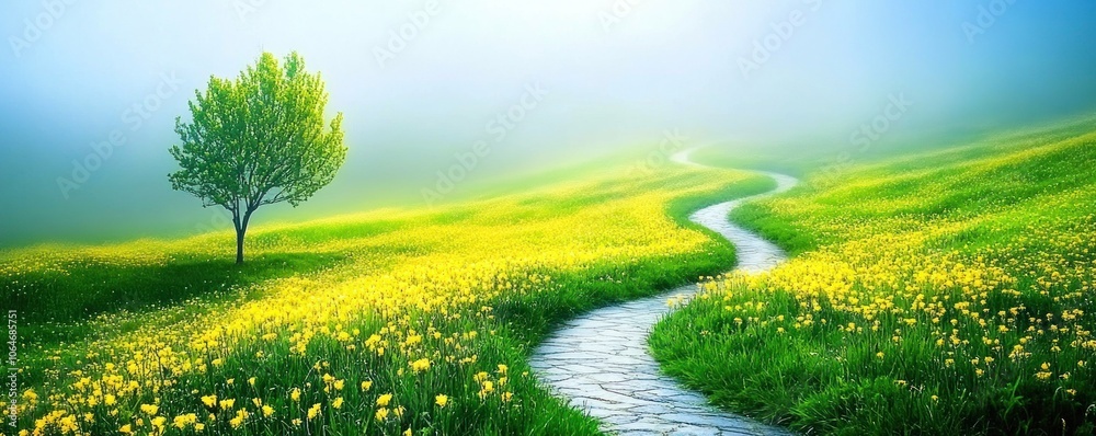 Fototapeta premium A serene landscape featuring a winding path through a field of yellow flowers and a tree.