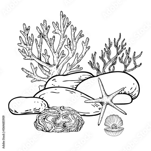 Vector pebbles stone, algae coral. Hand painted line seaweed, starfish, laminaria. Graphic opened oyster seashell with pearl isolated on background. Underwater illustration. For d