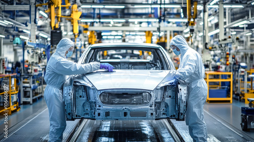 Workers in protective suits meticulously paint a car body on the production line in a modern automotive factory during daylight hours