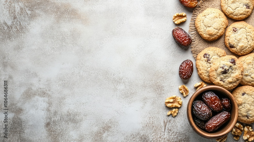 Fresh Cookies with Dates and Walnuts on a Table Fresh Cookies with Dates and Walnuts on a Table