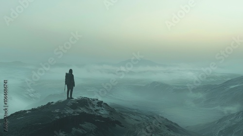 Hiker Gazing from High Plateau at Dawn