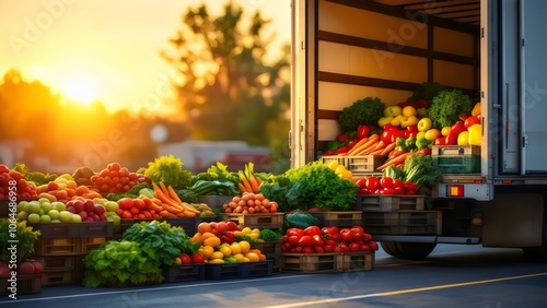 Produce Delivery Truck: Sunset, Crates, Boxes, Abundant Produce