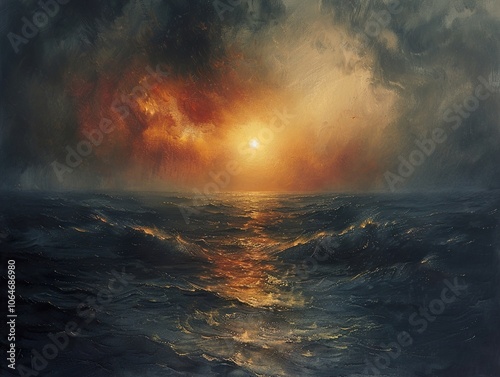 Dramatic Sunset Over the Ocean: A Seascape Painting