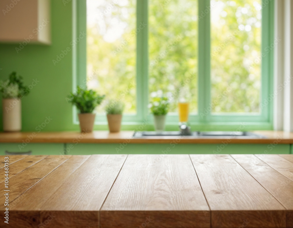 Empty wooden table with the bright white interior of the kitchen as a blurred background behind the bokeh golden sunshine Empty wooden table with the bright white interior of the kitchen as a blurred background behind the bokeh golden sunshine