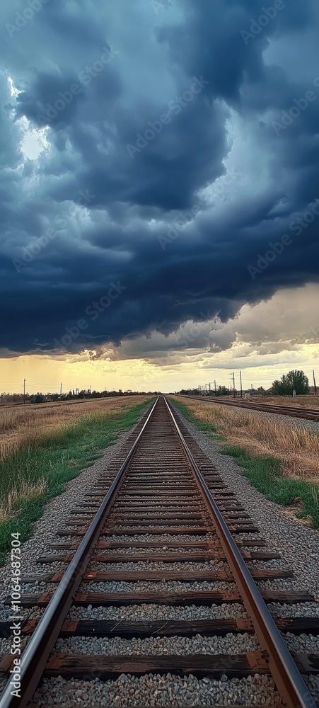 A scenic view of a railway track under a stormy sky, evoking a sense of adventure. A scenic view of a railway track under a stormy sky, evoking a sense of adventure.
