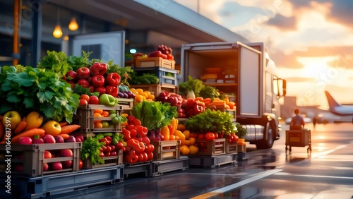 Produce Delivery at Airport: Cargo Truck, Sunset, Airplane