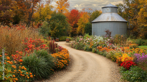 A charming grain silo beside a winding dirt road, inviting visitors to experience Thanksgiving on the farm.A charming grain silo beside a winding dirt road, inviting visitors to experience Thanksgivin photo