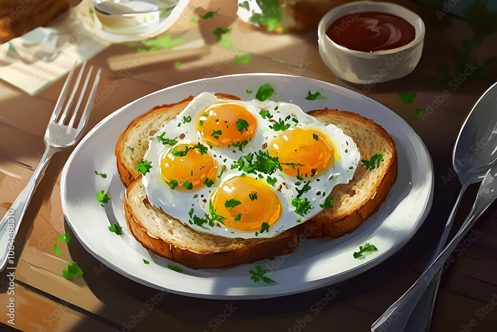 Experience the joy of a traditional breakfast featuring Pan Fri perfectly plated with sunny-side-up eggs on toasted bread garnished with fresh herbs. This mouthwatering dish brings a taste of comfort Experience the joy of a traditional breakfast featuring Pan Fri perfectly plated with sunny-side-up eggs on toasted bread garnished with fresh herbs. This mouthwatering dish brings a taste of comfort