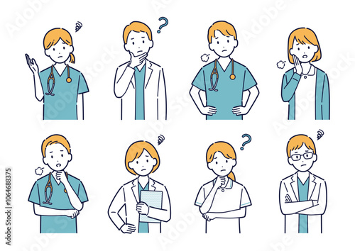考えたり悩んだりする医師のイラストセット＿上半身