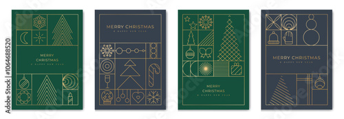 Luxury christmas invitation card art deco design vector. Christmas tree, star, bauble ball, candle gold line art on green background. Design illustration for holidays cover, season's greeting poster.