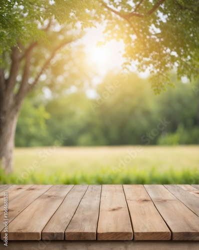 Summer landscape on empty wooden table background, for product placement and advertising, space for text