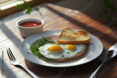 Experience the joy of a traditional breakfast featuring Pan Fri perfectly plated with sunny-side-up eggs on toasted bread garnished with fresh herbs. This mouthwatering dish brings a taste of comfort 