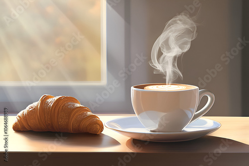 Hot cappuccino and croissants served on your desk in the morning. Before starting work, breakfast is an important meal for the body. photo