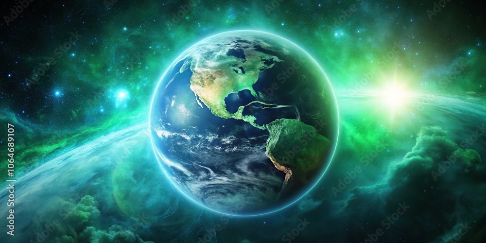 Wide-angle view of Earth in space with glowing green aura and swirling mist Wide-angle view of Earth in space with glowing green aura and swirling mist
