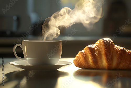 Hot cappuccino and croissants served on your desk in the morning. Before starting work, breakfast is an important meal for the body. photo