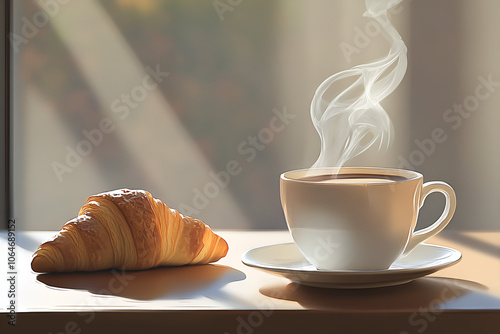 Hot cappuccino and croissants served on your desk in the morning. Before starting work, breakfast is an important meal for the body. photo