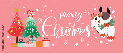 Merry christmas and happy new year concept background vector. Collection drawing of cute dogs with decorative scarf, ribbon, hat. Design for banner, invitation, holidays card, greeting, cover.