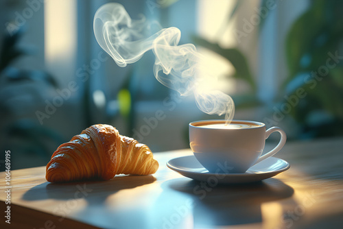 Hot cappuccino and croissants served on your desk in the morning. Before starting work, breakfast is an important meal for the body. photo