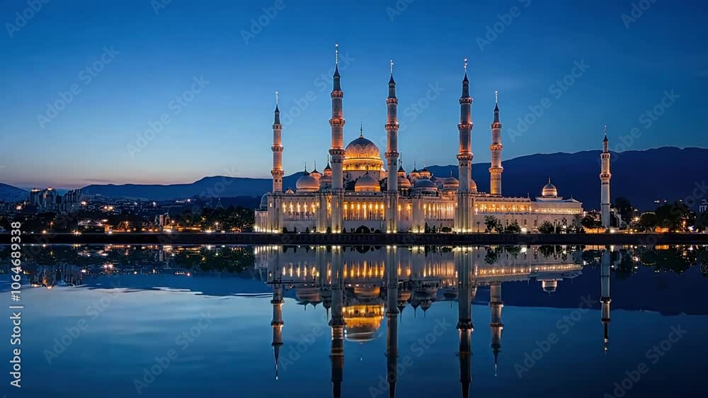 Beautiful mosque illuminated at night with a starry sky in the background, celebrating the birth of the prophet Muhammad. This design is perfect for mawlid al nabi celebrations. Beautiful mosque illuminated at night with a starry sky in the background, celebrating the birth of the prophet Muhammad. This design is perfect for mawlid al nabi celebrations.