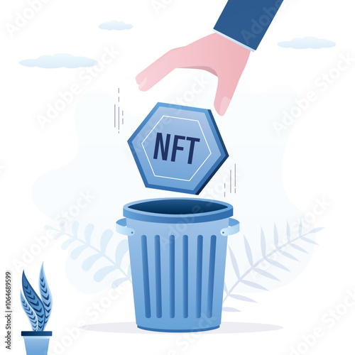 Investor's hand throws NFT token into trash bin, token depreciation. High volatility of crypto assets leads to bankruptcy. Businessman sells NFT, cryptocurrency price fast falls.