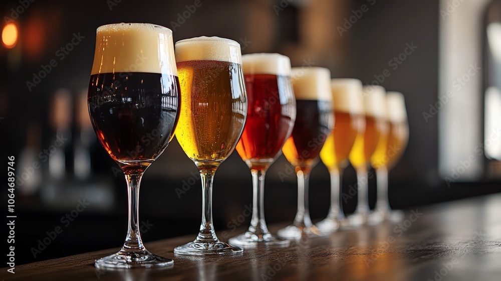 Various craft beers displayed in glasses on a wooden bar during an evening gathering at a local brewery Various craft beers displayed in glasses on a wooden bar during an evening gathering at a local brewery