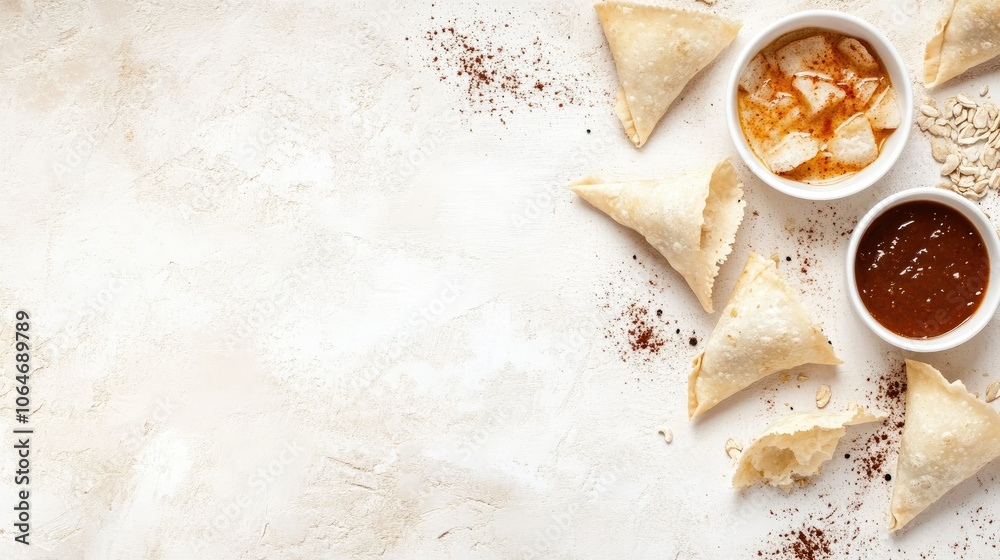 Savory Samosas with Dipping Sauces on a Light Background Savory Samosas with Dipping Sauces on a Light Background