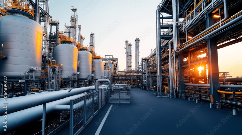 Industrial refinery facility with large storage tanks, pipelines and metal structures at sunset, showcasing petrochemical infrastructure under a clear sky. Industrial refinery facility with large storage tanks, pipelines and metal structures at sunset, showcasing petrochemical infrastructure under a clear sky.