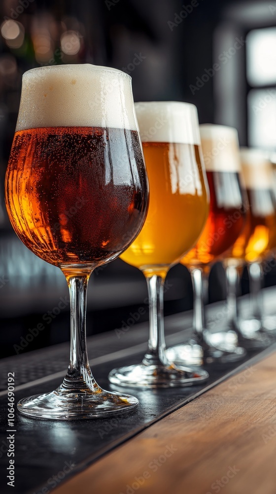 A row of craft beers showcasing varied colors and styles at a vibrant brewery during a lively evening gathering A row of craft beers showcasing varied colors and styles at a vibrant brewery during a lively evening gathering
