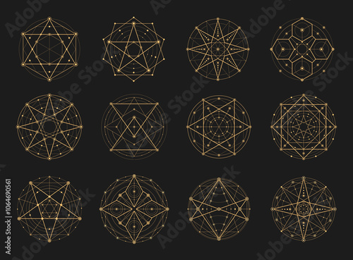 Sacred esoteric geometry, astrology or mystic Tarot signs with magic patterns, vector symbols. Esoteric sacred geometry icons of witchcraft magic and occult pentacles, stars or sun and moon symbols