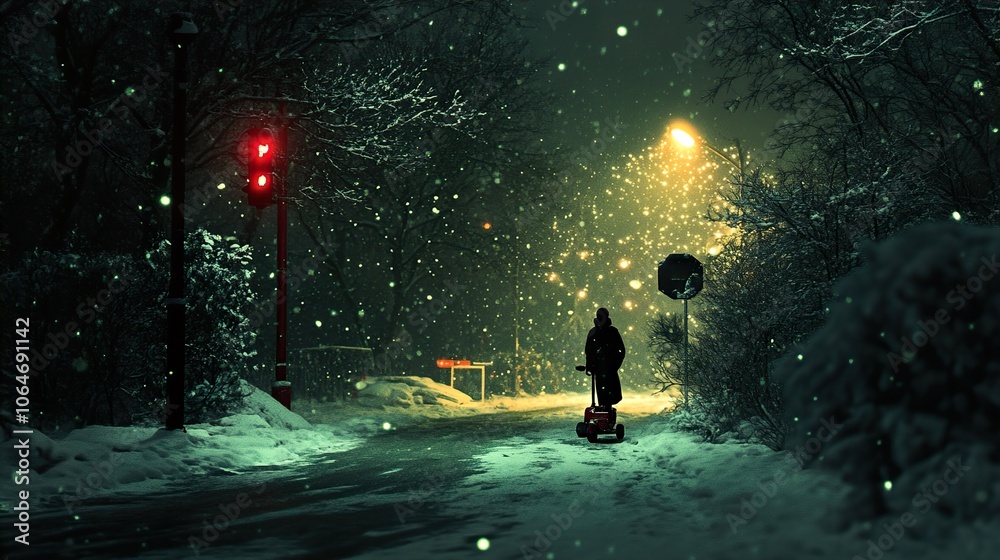 Snowy Night Street Scene with Streetlight and Trees Snowy Night Street Scene with Streetlight and Trees