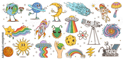 Cartoon groovy space characters of retro hippie psychedelic astronaut, alien, UFO, rocket and planets. Vintage trippy vector personage of cute Earth, Moon, comet and star, happy Sun and telescope