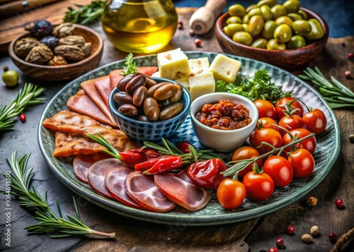 Elegant Mediterranean Snack Assortment: A Colorful Plate of Antipasti with Olives, Cheese, Prosciutto, and Fresh Vegetables, Perfect for Entertaining or Culinary Inspiration