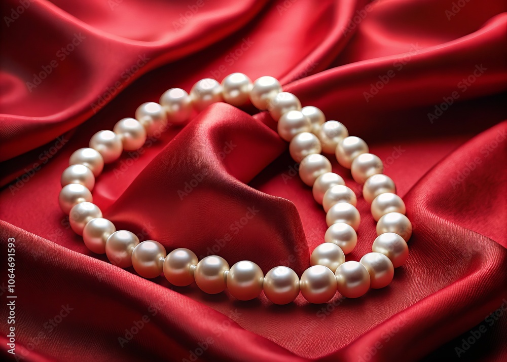 Elegant Minimalist Pearl Necklace Displayed on Rich Red Fabric with Ample Space for Text - Perfect for Jewelry Advertisements, Promotions, and Lifestyle Branding Images Elegant Minimalist Pearl Necklace Displayed on Rich Red Fabric with Ample Space for Text - Perfect for Jewelry Advertisements, Promotions, and Lifestyle Branding Images