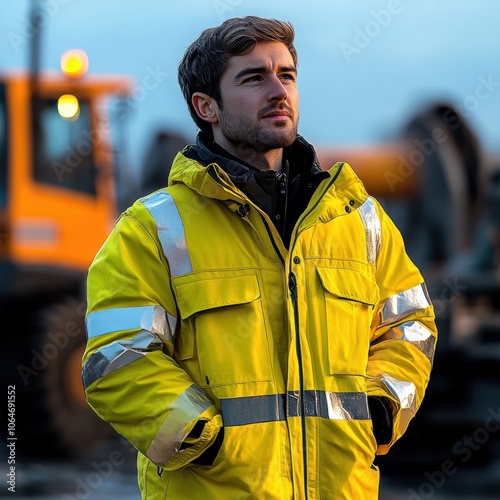 Confident young Caucasian male worker in a bright yellow safety jacket at sunset.