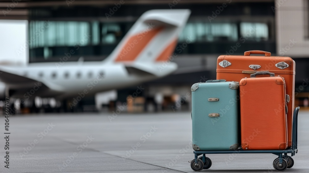 Obraz premium Luggage on airport tarmac, travel essentials.