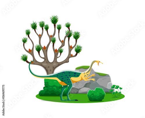 Elmisaurus prehistoric dinosaur character, genus of theropod dino from the Late Cretaceous. Isolated cartoon vector omnivore bipedal reptile animal at lush landscape with tree, rock and green plants