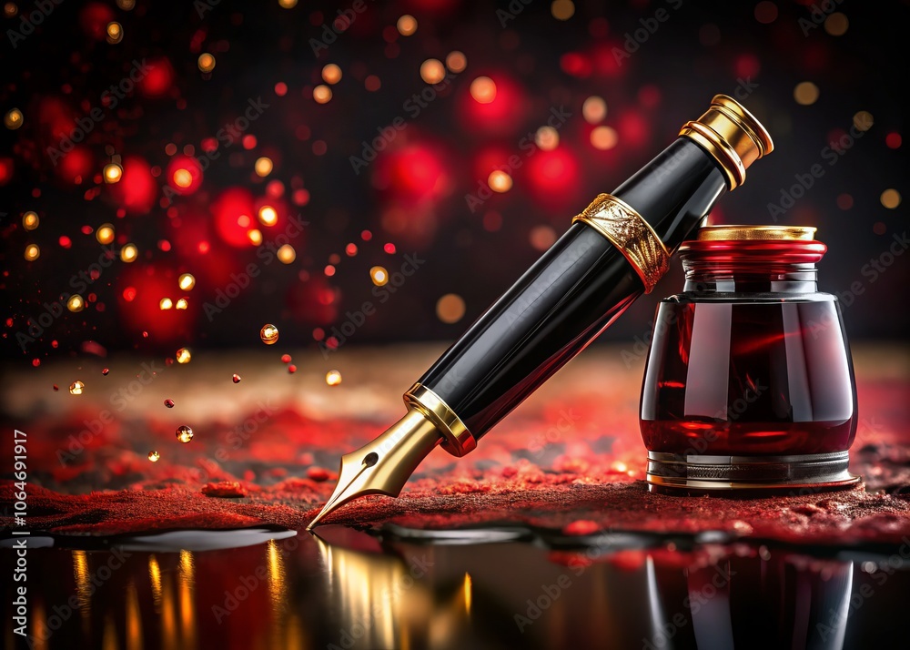 Fototapeta premium Elegant Red Ink Flowing from a Fountain Pen Against a Dark Night Background, Capturing the Essence of Sophistication and Creativity in a Timeless Setting