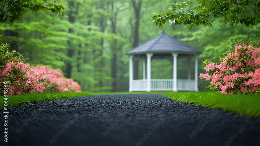 Fototapeta premium A gravel path leading to a picturesque gazebo in a park, surrounded by blooming flowers and lush greenery, creating a romantic atmosphere.