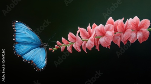 A vibrant blue morpho butterfly alights on a bright pink heliconia flower, its wings a flash of color against the lush green rainforest backdrop. photo