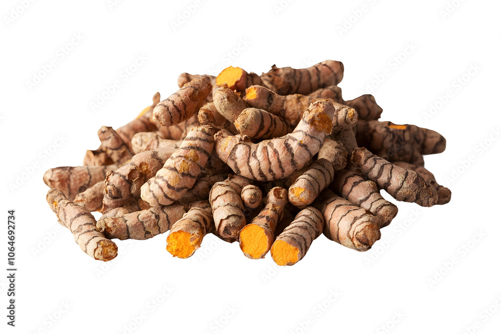 A pile of turmeric roots isolated on white background. A pile of turmeric roots isolated on white background.
