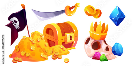 Golden pile scattered near wooden treasure chest, pirate flag with skull emblem, shiny curved blade and glittering gems around crowned bone. Mobile game interface or children adventure design.