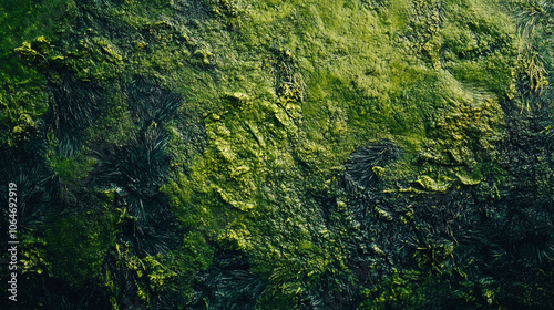 Close-up view of vibrant green algae covering a wet surface near a riverbank during daylight