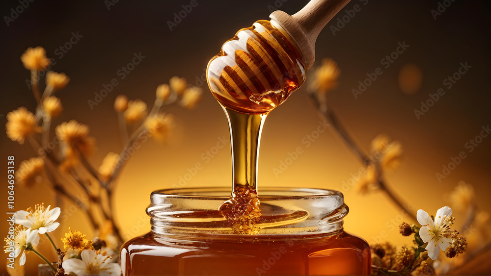 A honey dipper dipped into a jar of Manuka honey, with smooth honey streaming off A honey dipper dipped into a jar of Manuka honey, with smooth honey streaming off