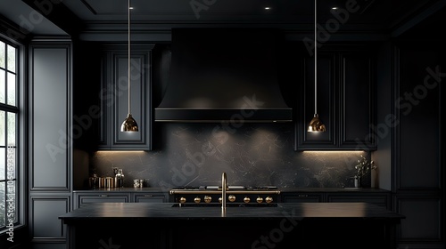 Dark matte kitchen hood in a luxurious, dark-themed kitchen with black cabinetry, gold fixtures, and ambient lighting