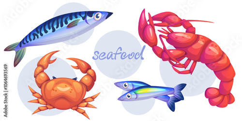 Crab, lobster and salmon fish vector illustration. Ocean crayfish icon for restaurant product drawing design. Cute bonito for thai menu. Asian healthy assortment. Trout and mackerel item kit